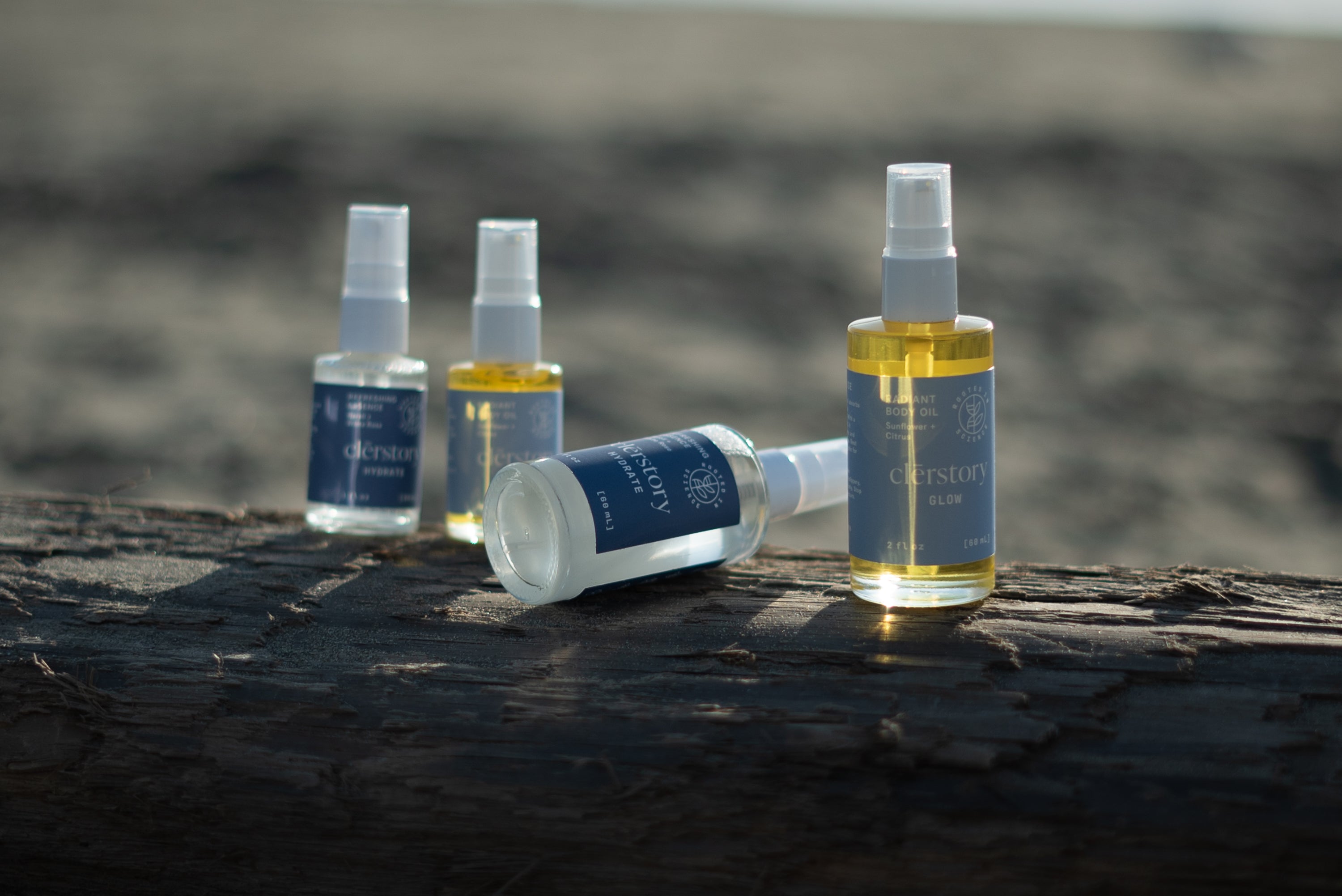 clerstory skincare - plantbased vegan cruelty-free hydrating facial mists and body oils, travel size glow oil and refreshing essence at the beach